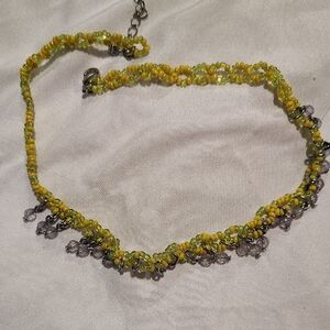 Yellow and Green Beaded Fringe Necklace with Gray Crystal Drops
